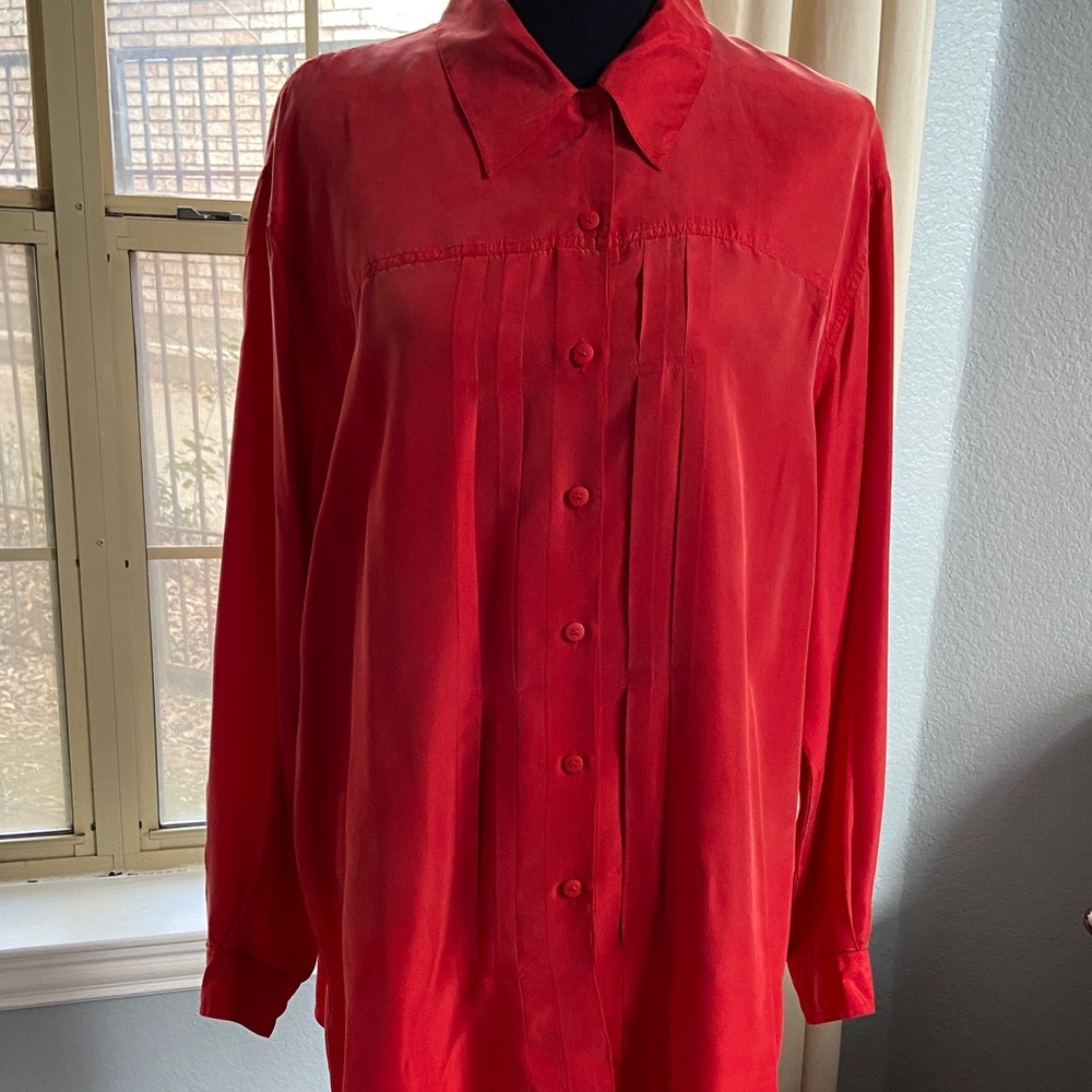 Vintage Elisabeth Vibrant Red Pleated Button-Up Shirt